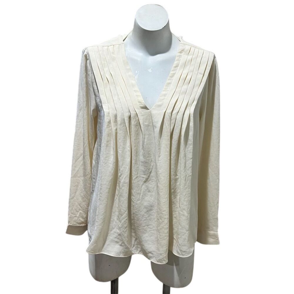The Korner Women's Ivory V-Neck Blouse M Long Sleeve Tie-Back Casual
